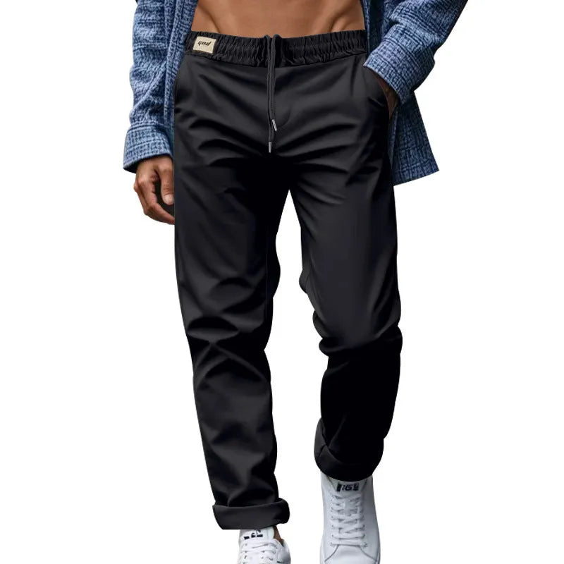 Men's loose straight casual trousers with pockets, mid waist drawstring, quick-drying polyester, seven colours