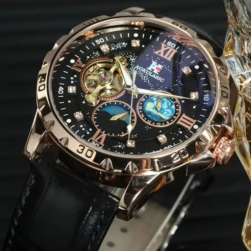 Large dial hollow automatic mechanical watch with rose gold shell and black leather strap
