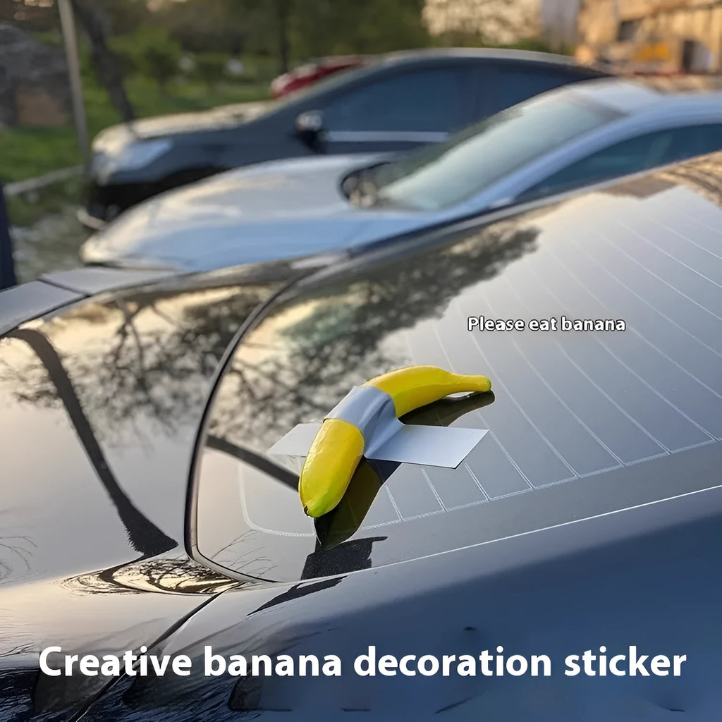 Banana car creative spoof art sticker in foam with cartoon style and silver tape design options.