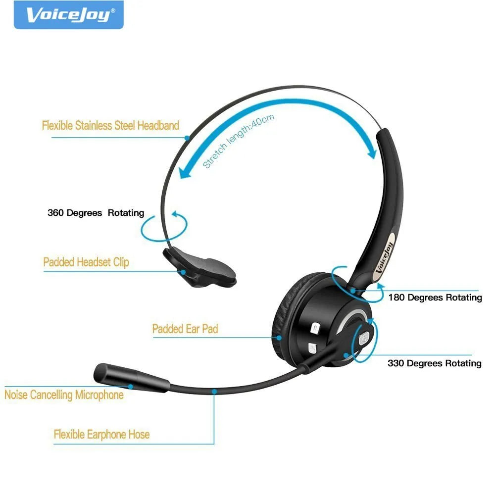 A black Bluetooth over-ear headset with a bendable microphone boom, shown on a desk next to a USB charging cable.