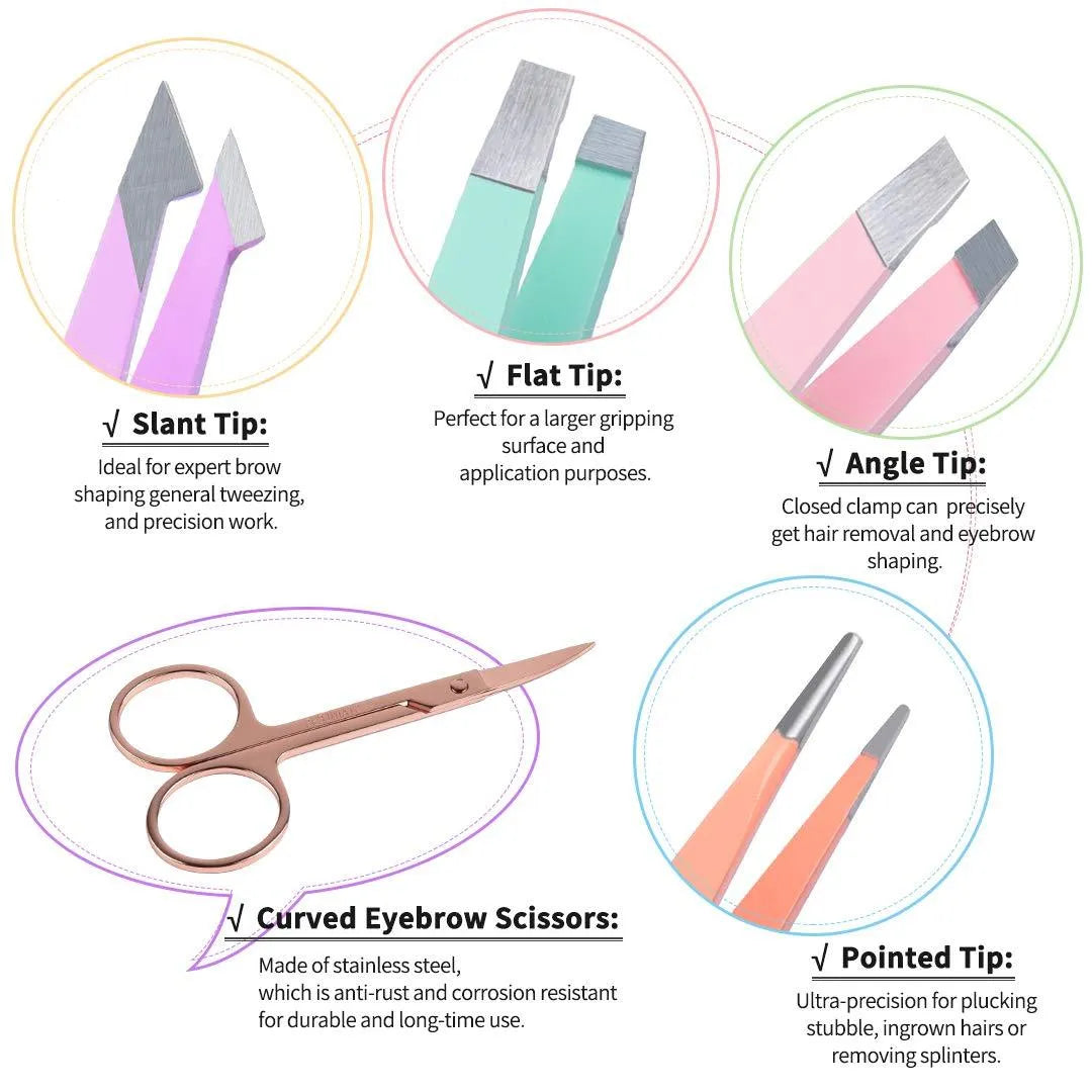 Professional 6 piece stainless steel eyebrow tweezers set with curved scissors and leather case
