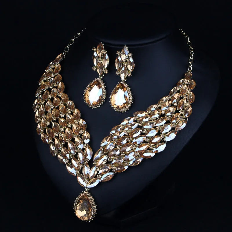 Full drill bridal clavicle chain necklace set in Champagne or Green for wedding and formal accessory styling