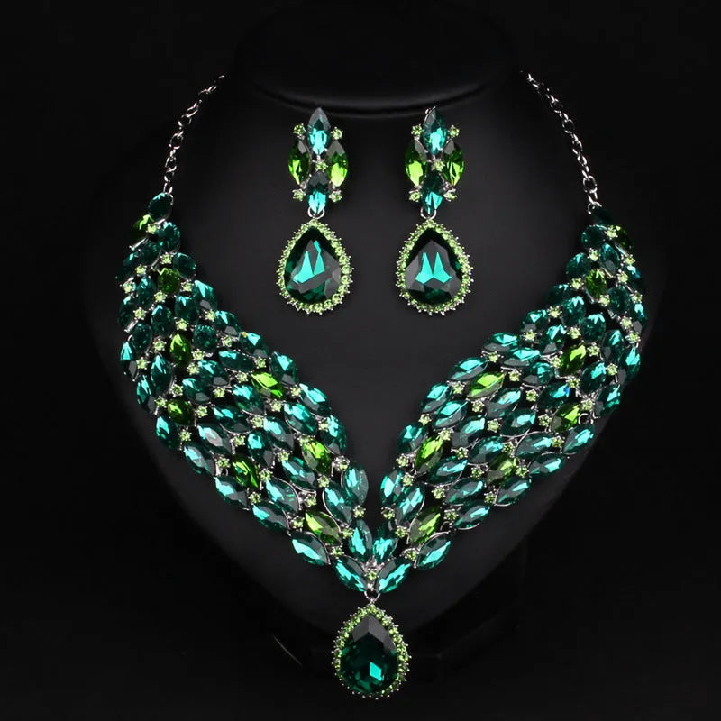 Full drill bridal clavicle chain necklace set in Champagne or Green for wedding and formal accessory styling