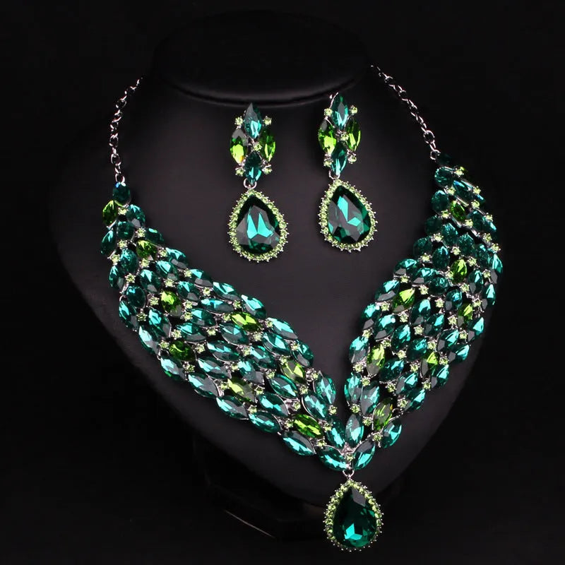 Full drill bridal clavicle chain necklace set in Champagne or Green for wedding and formal accessory styling