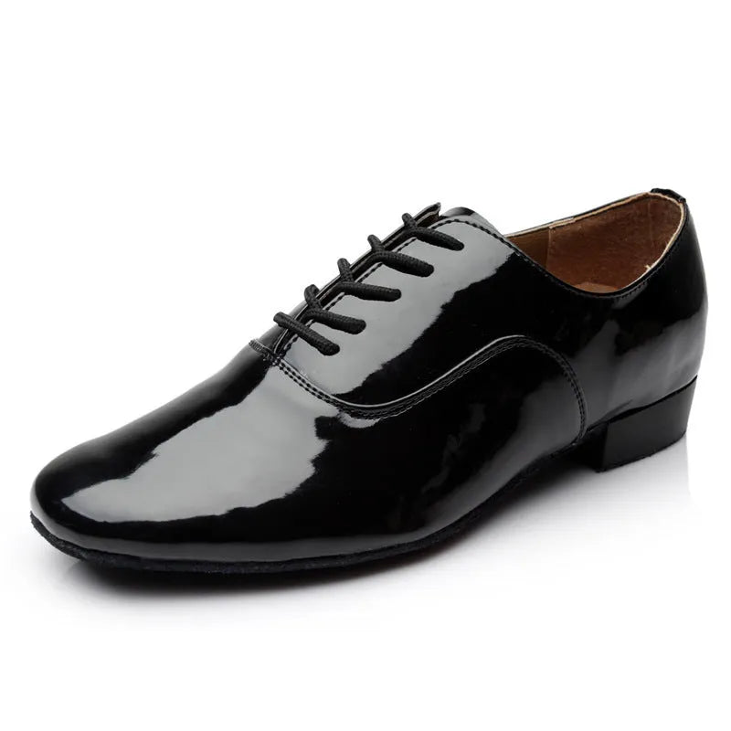 Men's black polished leather dancing shoes with calf leather soles for indoor Latin and ballroom practice
