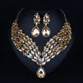 Full drill bridal clavicle chain necklace set in Champagne or Green for wedding and formal accessory styling