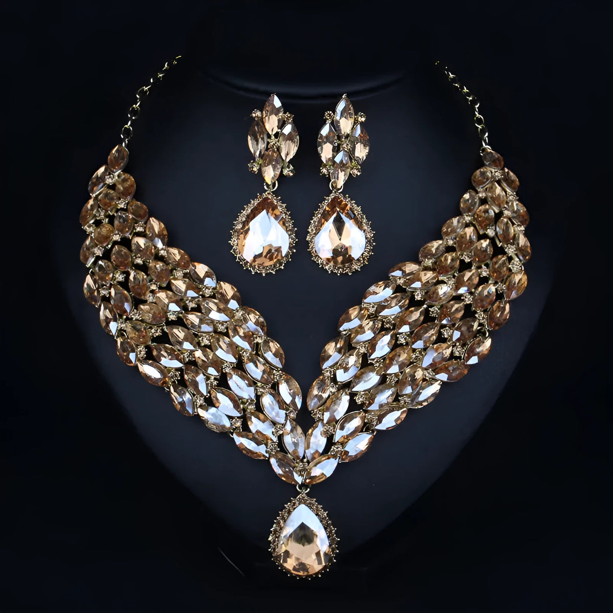 Full drill bridal clavicle chain necklace set in Champagne or Green for wedding and formal accessory styling