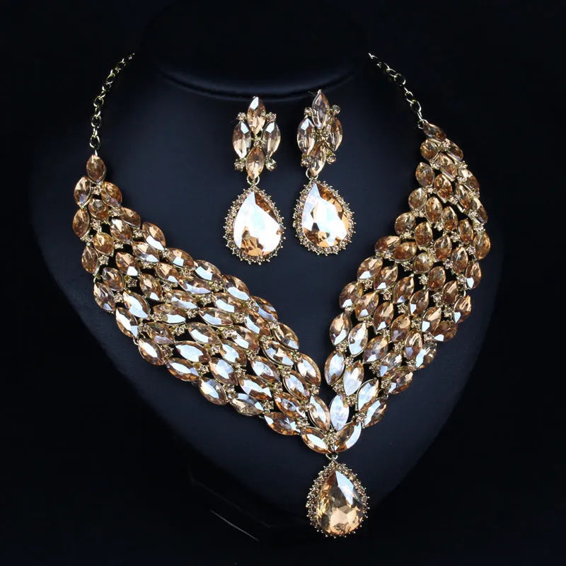 Full drill bridal clavicle chain necklace set in Champagne or Green for wedding and formal accessory styling
