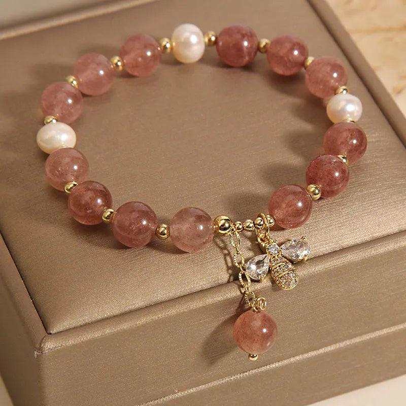 Women's freshwater pearl and strawberry quartz bracelet with zircon accents, Japanese and South Korean style