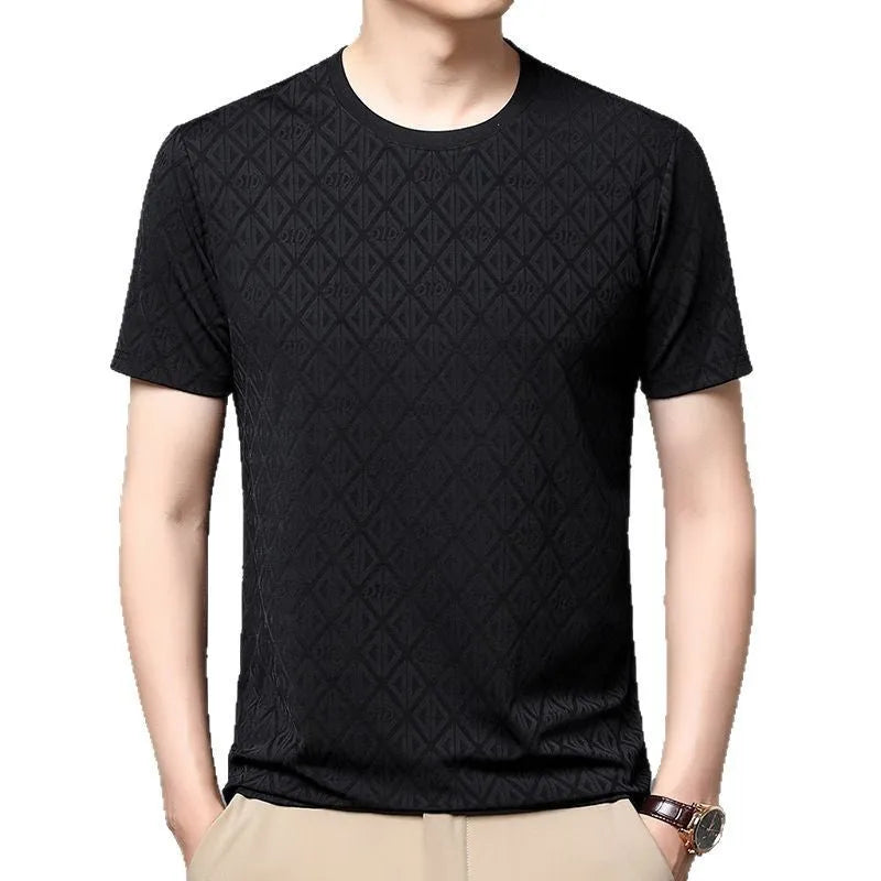 Man wearing a loose fit black jacquard short sleeve ice silk t-shirt.