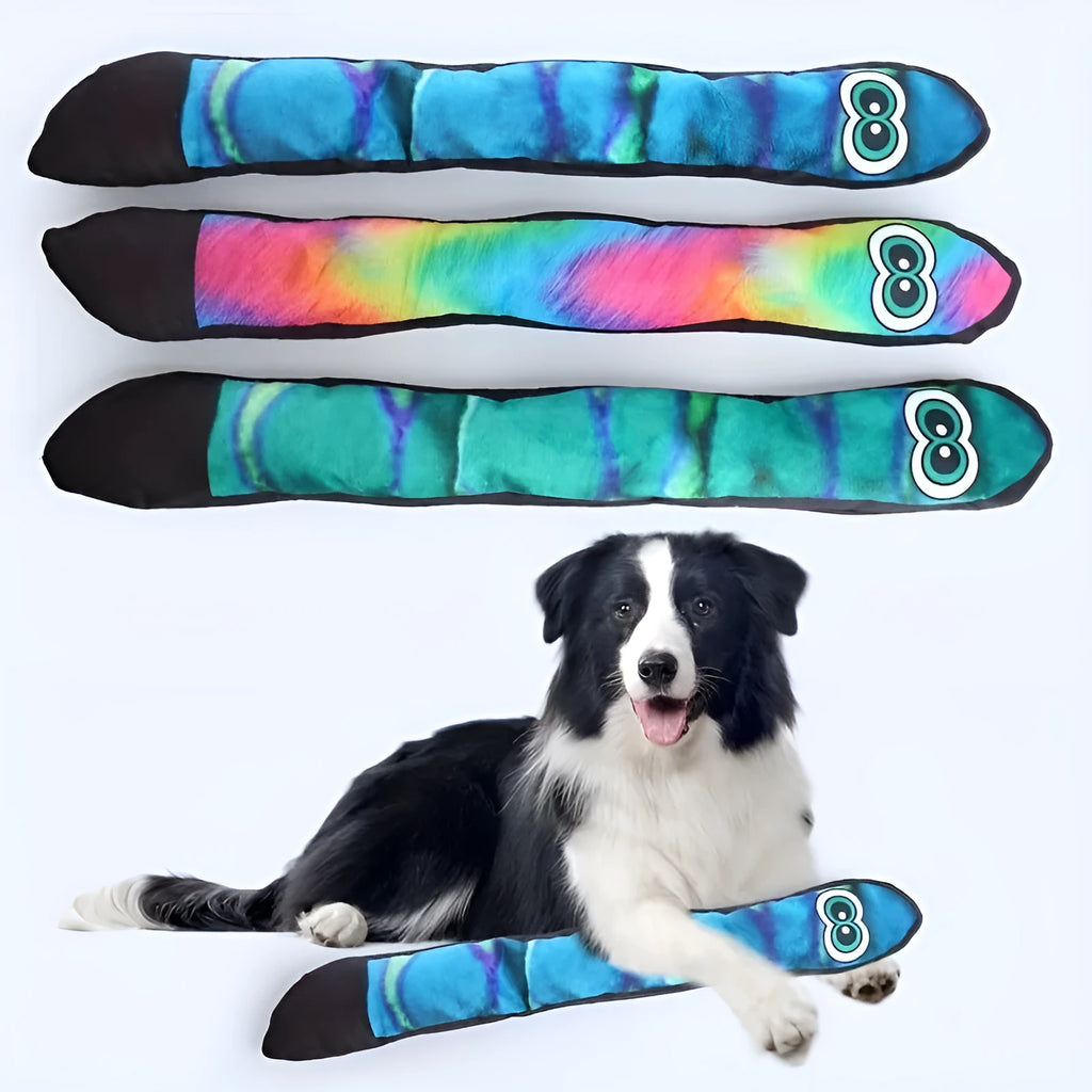 Snake shape plush dog squeaky toy with multicolour stripe print in blue, green and rainbow options