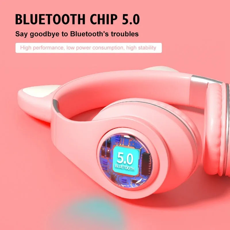 Cat ear wireless Bluetooth sports headset shown in multiple colours including pink, blue, and yellow on a white background.