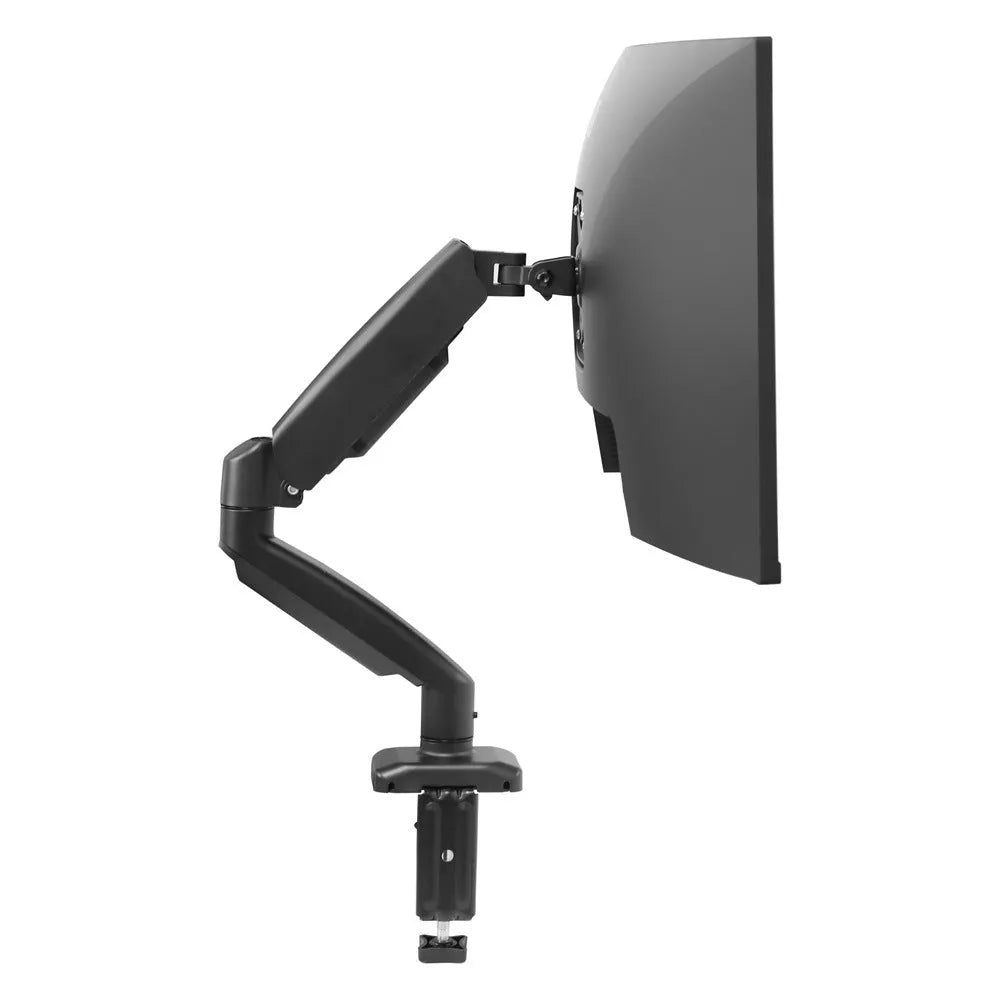 Black rotating telescopic LCD screen bracket elevated on desk with adjustable height mechanism