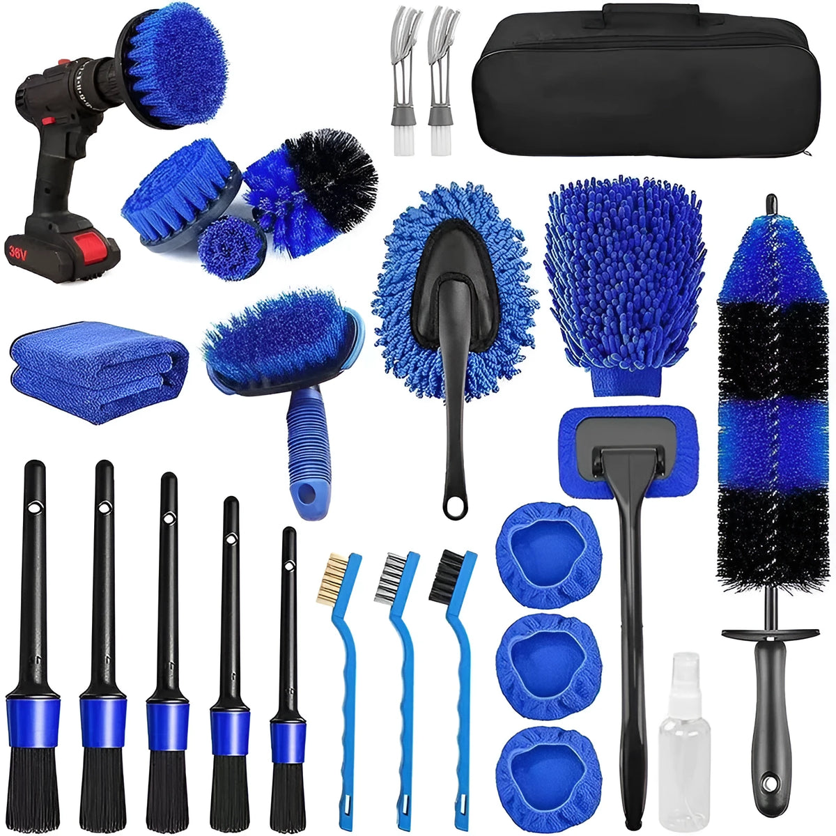 26-piece car cleaning brush set with various tools for vehicle interior and exterior washing