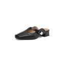 British style square toe leisure slippers in beige with a low heel and rubber sole.