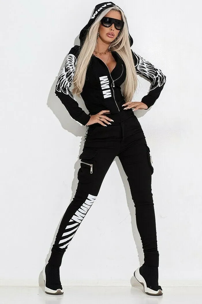 Black women's casual suit with wings printing, featuring hooded zipper top and matching trousers