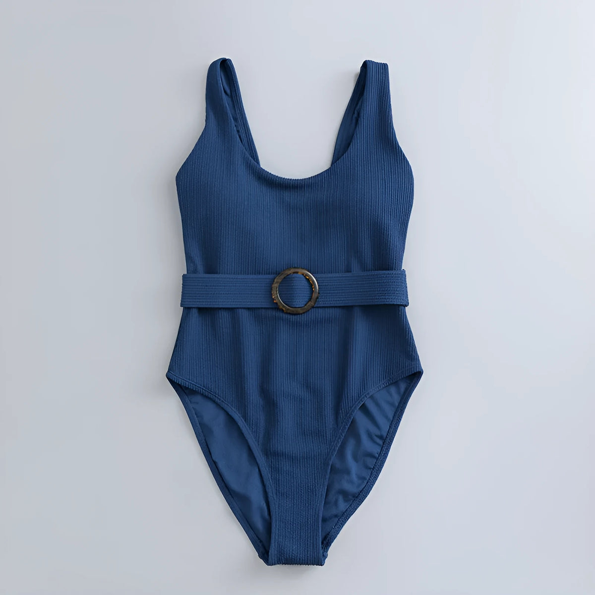 Navy blue one-piece women's swimsuit with triangle slimming shape and chest pads