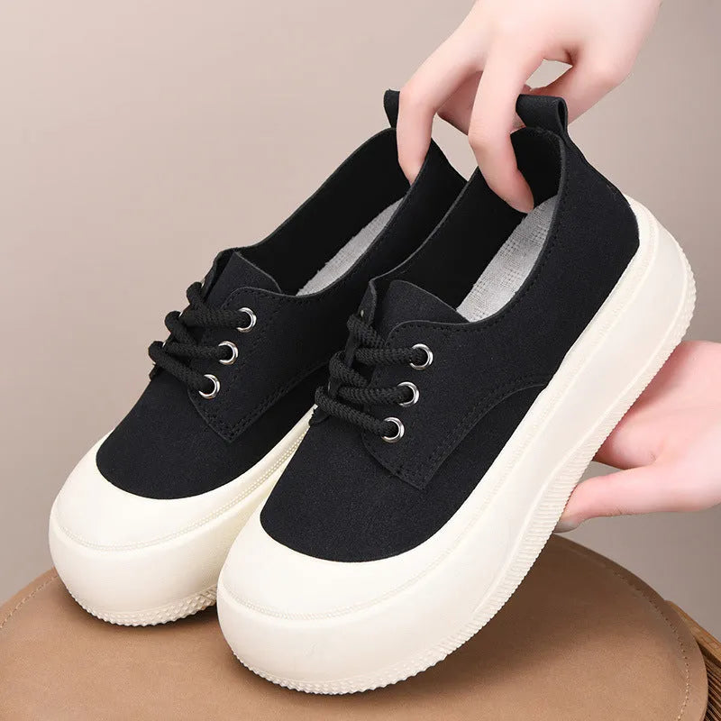 Women's suede platform loafers with 4CM height increase, round toe, and rubber sole in beige, black, and camel colours.