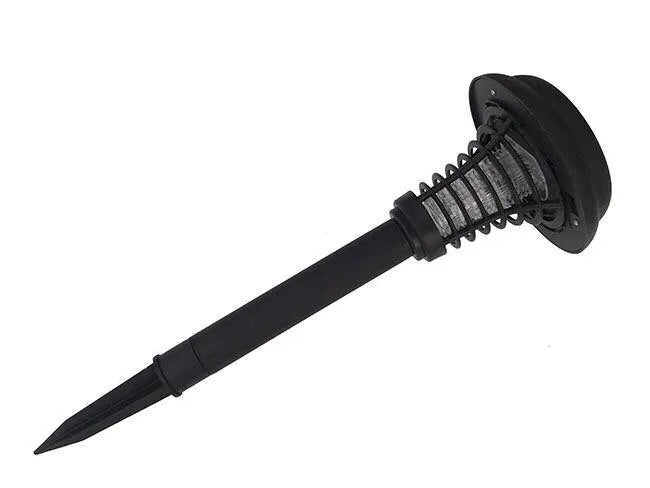 Black solar-powered insect-killing lawn lamp with white and purple LED lights for garden pest control.