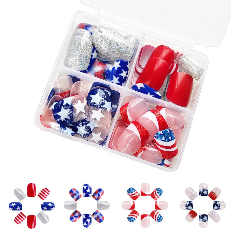 American Independence Day false nail set with 5-point star designs in European square short nail format