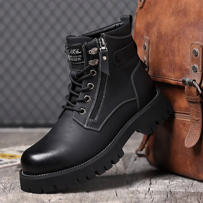 Men's brown leather high-top boots with side zipper and mid heel