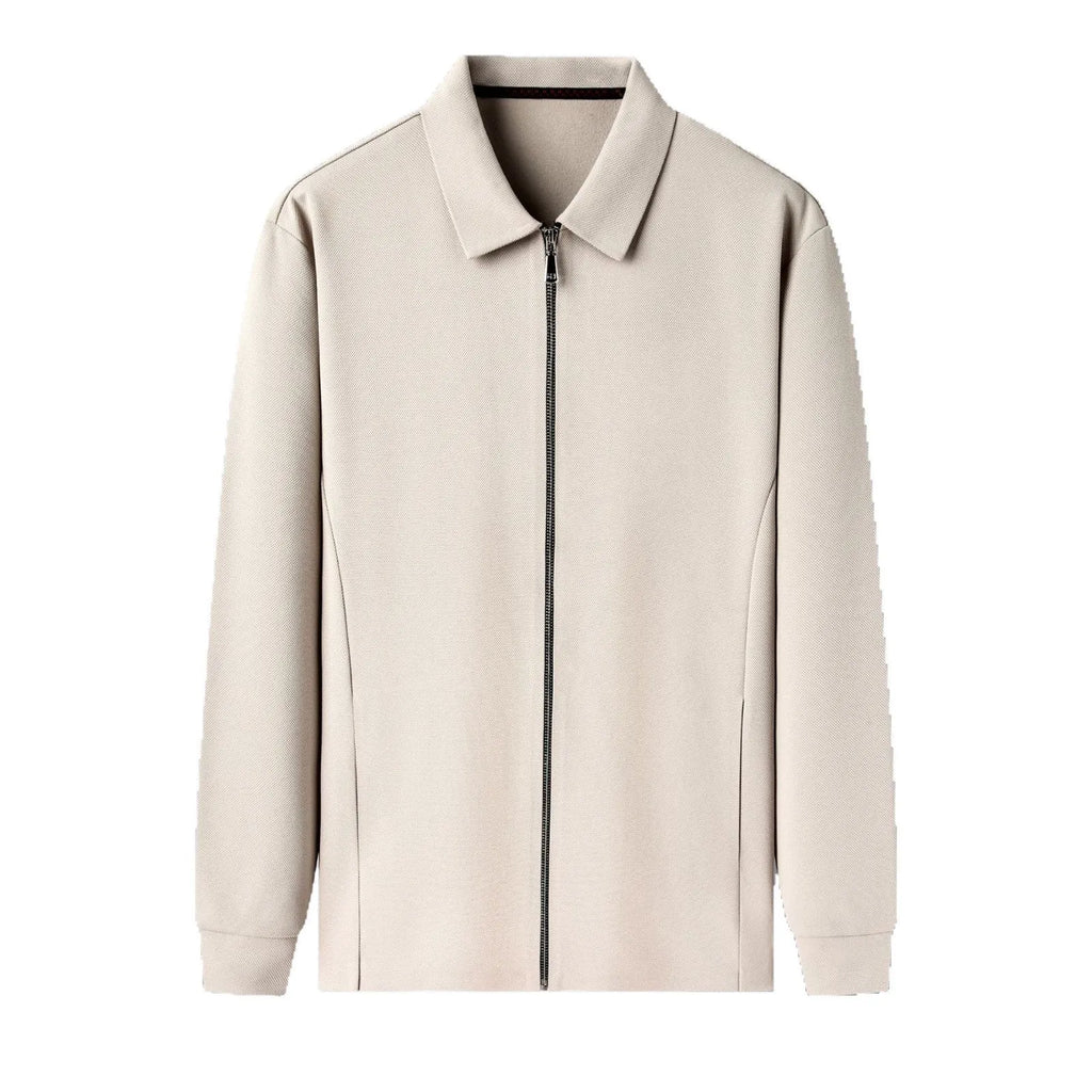 Men's straight hem polyester jacket in apricot, black, and dark grey colours.