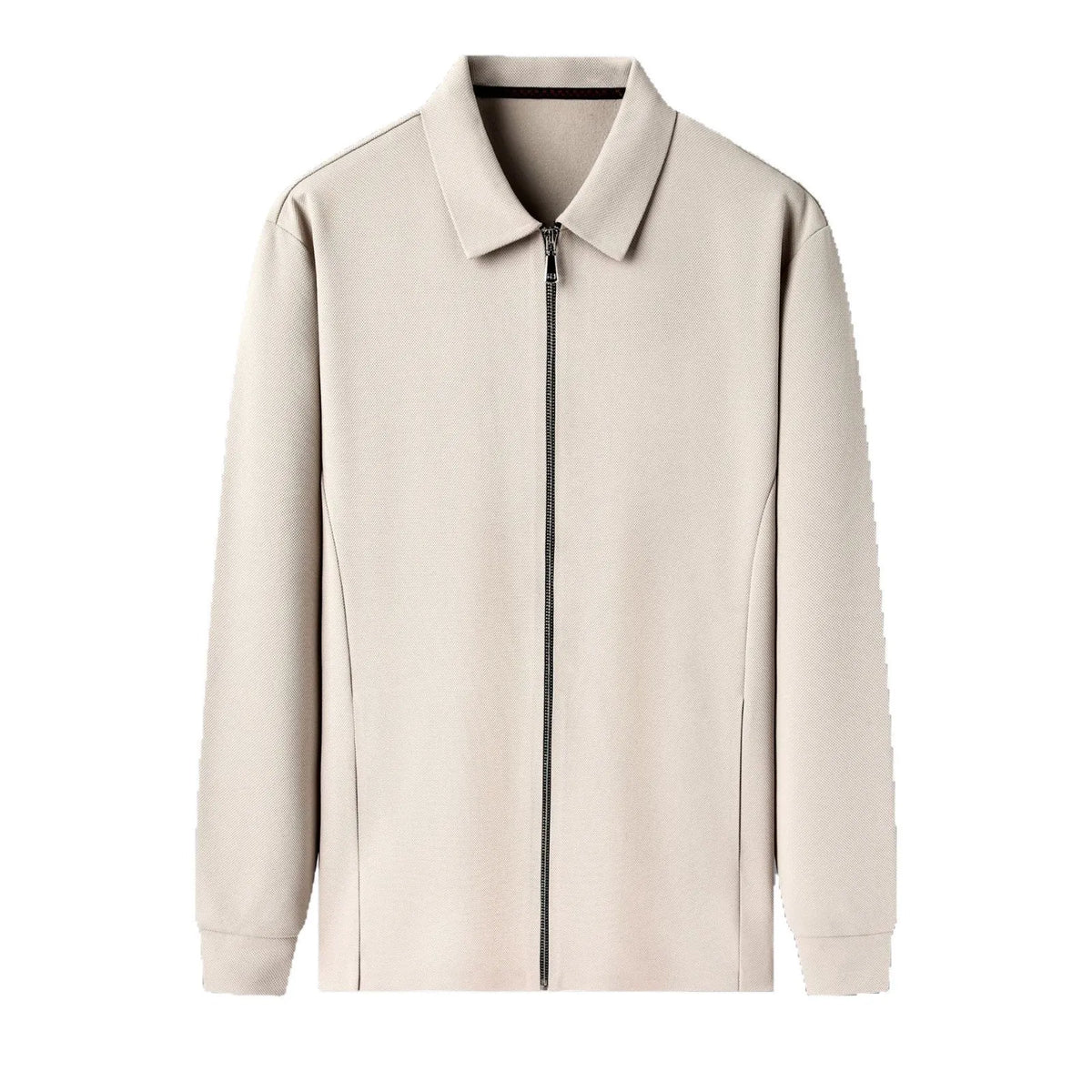 Men's straight hem polyester jacket in apricot, black, and dark grey colours.