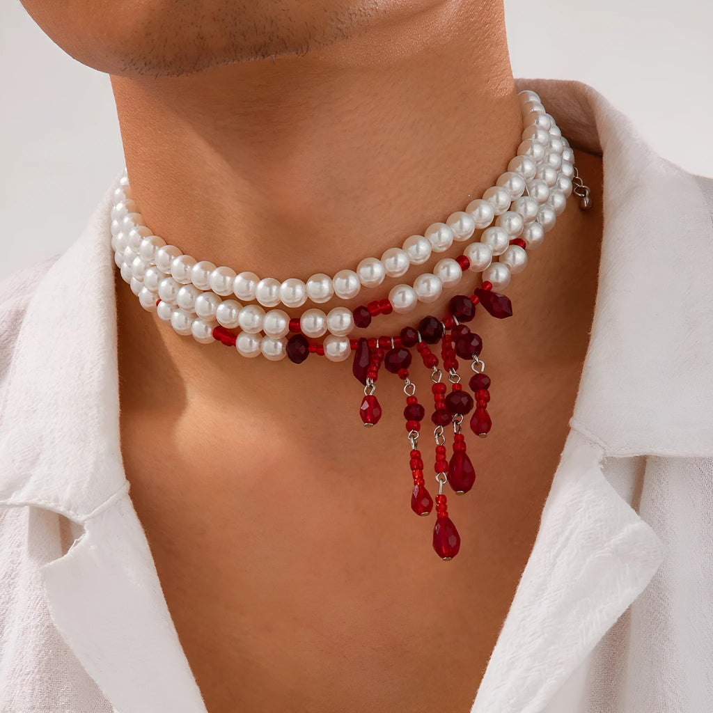 Halloween blood drop necklace with crystal pendant and imitation pearls on adjustable chain