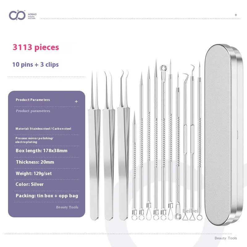 4-piece metal acne needle set with ultra-fine pointed clips on a silver background.