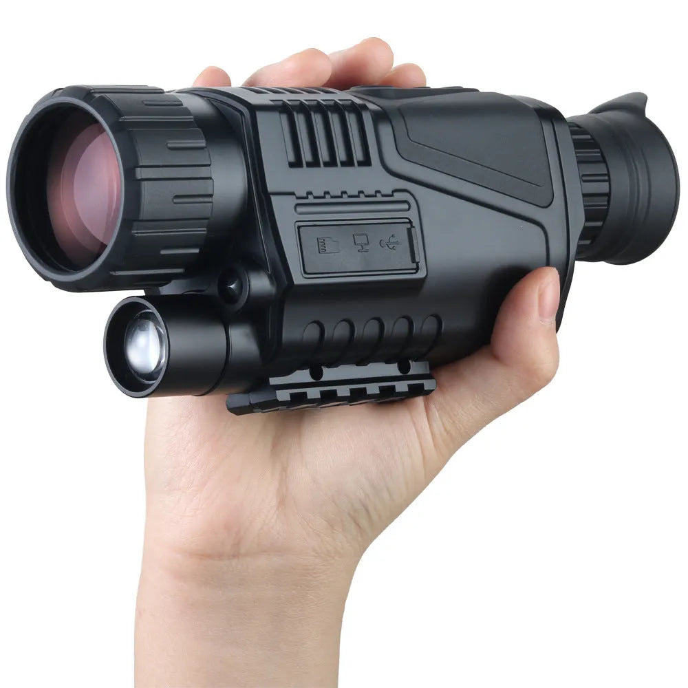 Black infrared digital night vision telescope with 40mm lens, storage bag, and cables for outdoor recording.