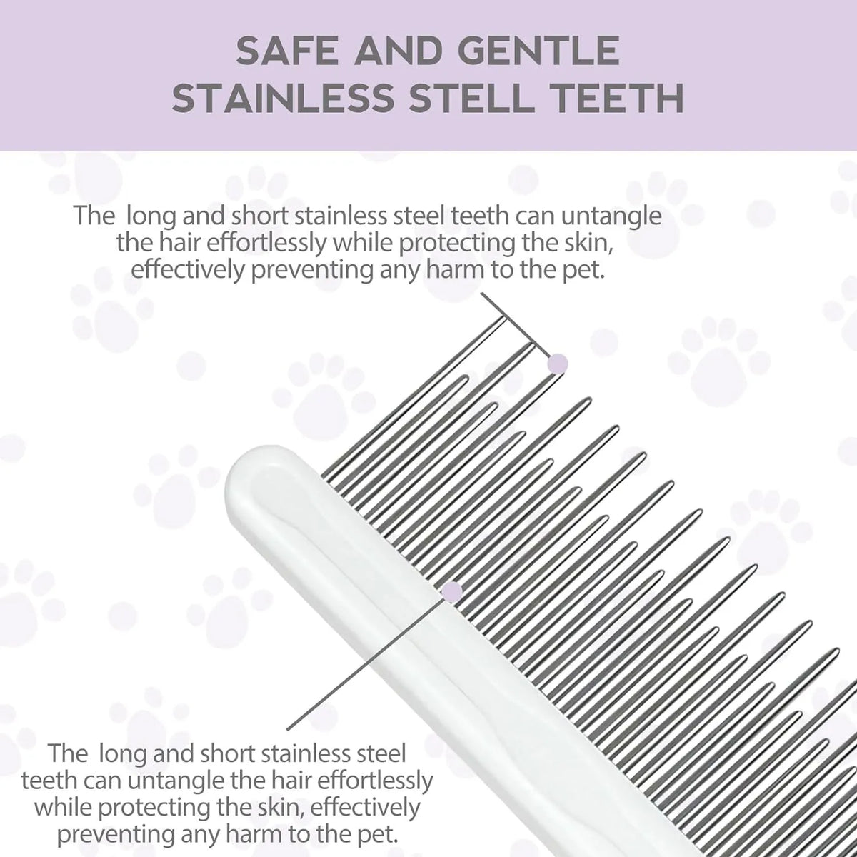 Purple pet detangling comb with stainless steel teeth and ergonomic handle for dog and cat grooming