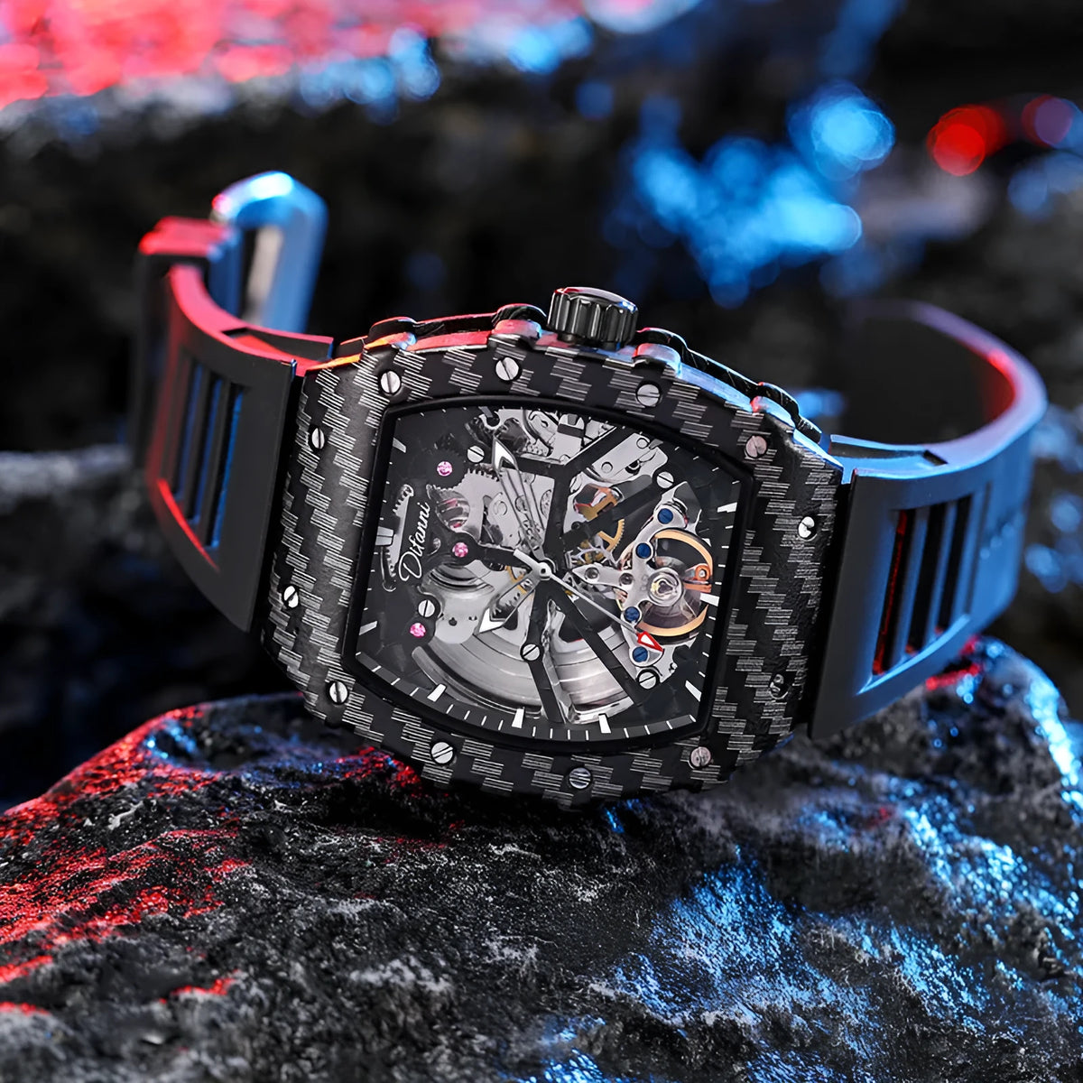 Mechanical men's waterproof watch with black dial, rubber strap and stainless steel buckle