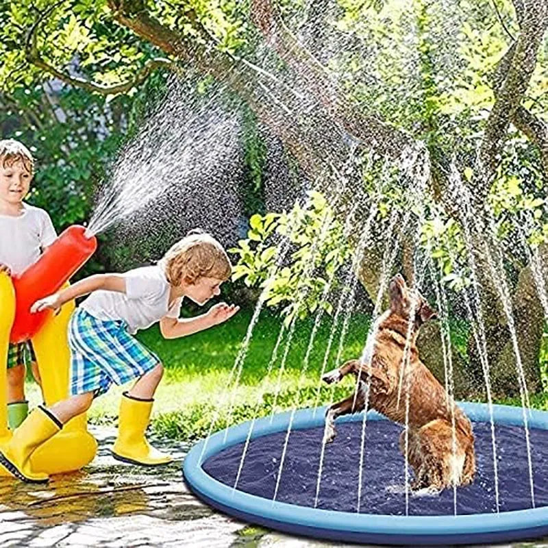 Outdoor dog sprinkler splash pad with anti-slip mat surface showing three diameter size options