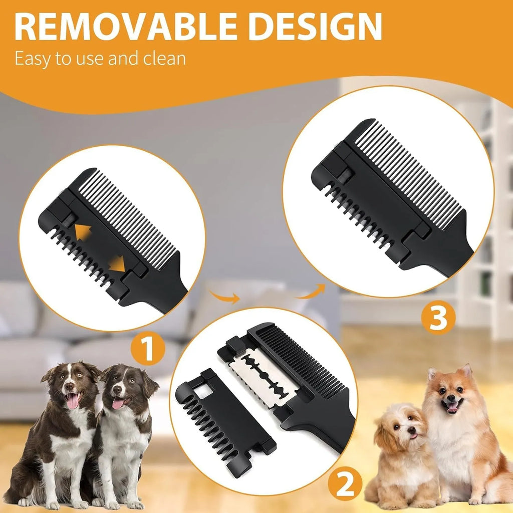 2 in 1 pet grooming razor comb for dogs and cats with replaceable blades on a white background.