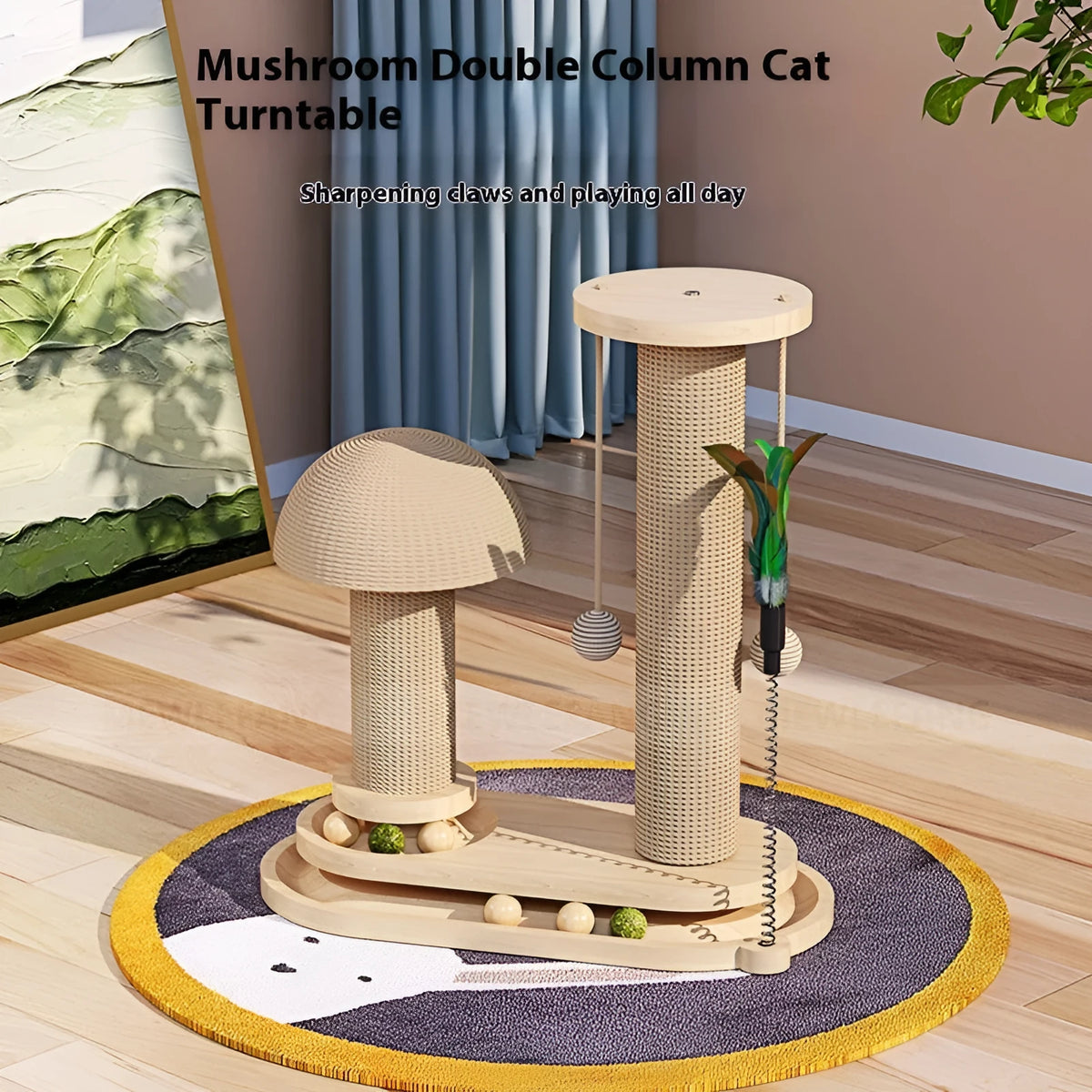 Solid wood cat scratching post with a rotating turntable, designed as a climbing frame for large cats.