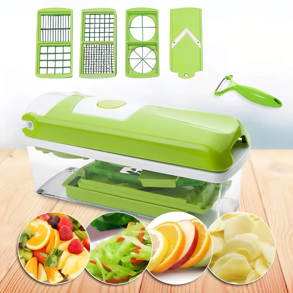 Green ABS plastic vegetable chopper with stainless steel blades and 12 kitchen accessories for manual food preparation