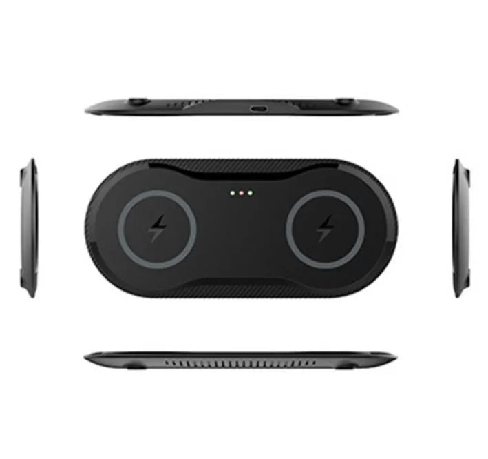 Dual wireless charging pad showing two phones charging simultaneously with black or white colour options
