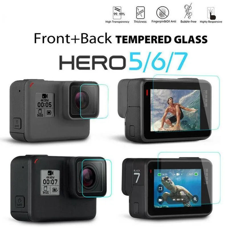 9H tempered glass protective film kit for GoPro Hero 5, 6, and 7 camera lens and LCD screen.