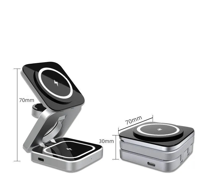 Foldable three-in-one desktop wireless charging bracket shown open and closed