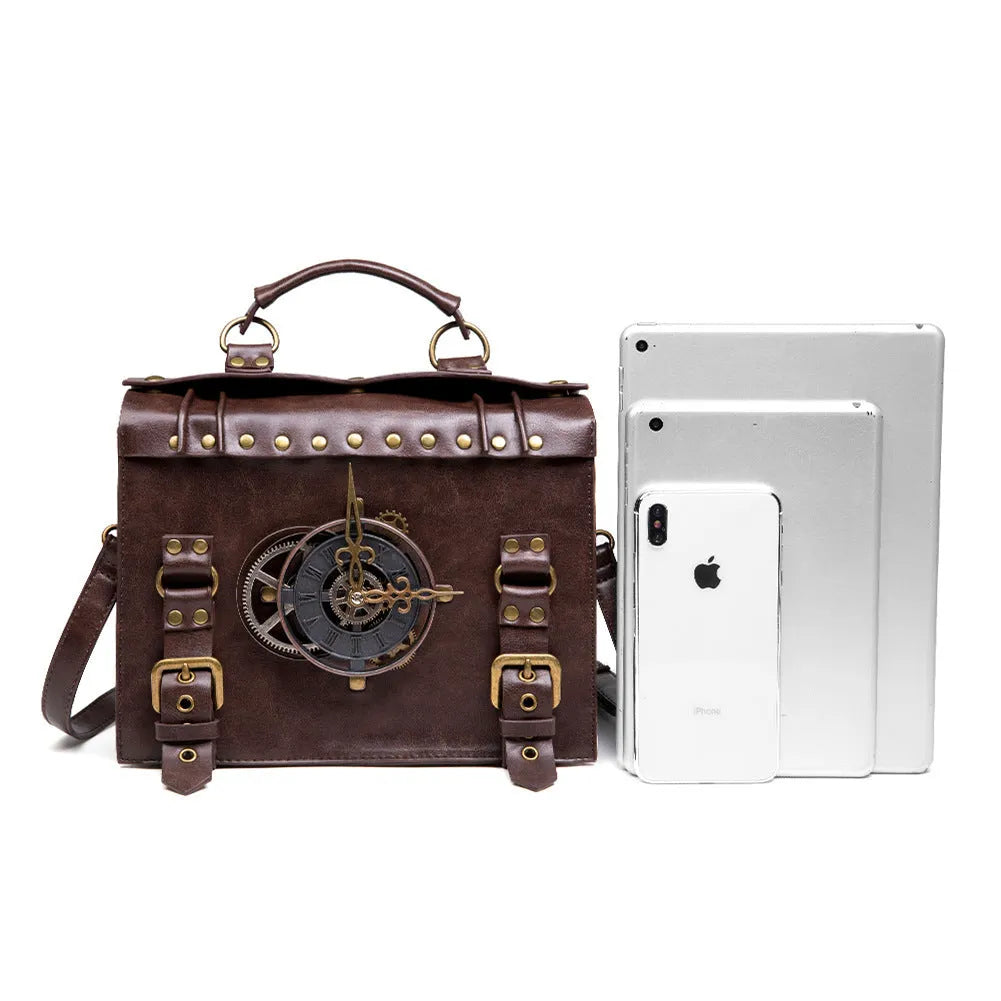 Bronze steampunk industrial retro shoulder bag with metal accents and pillow bag design