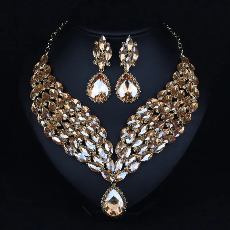 Full drill bridal clavicle chain necklace set in Champagne or Green for wedding and formal accessory styling