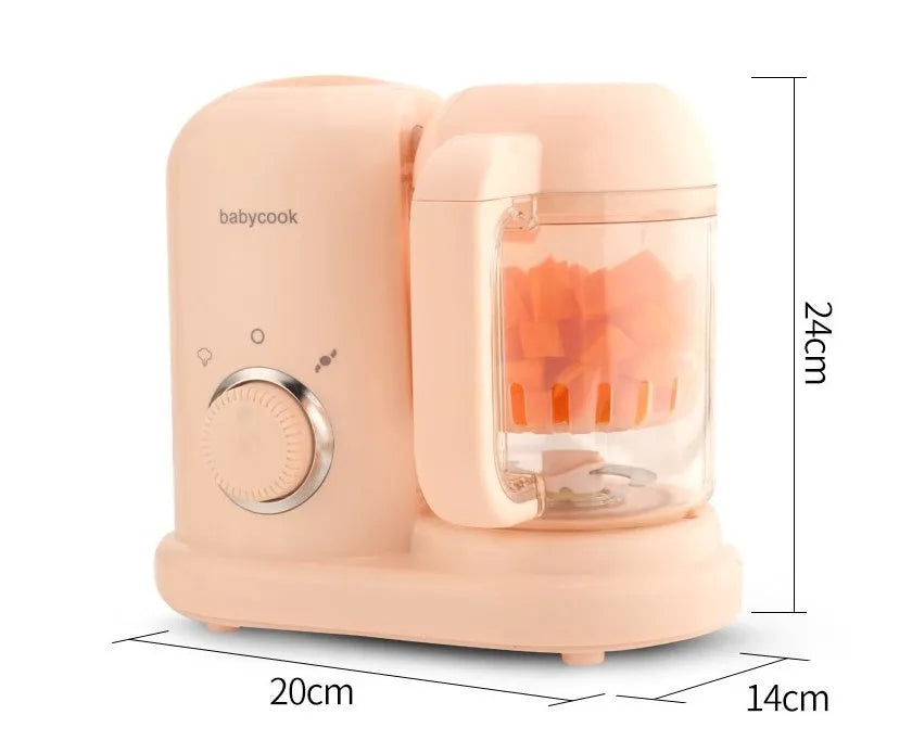 Green baby food processor with steamer and blender functions showing control panel and processing bowl
