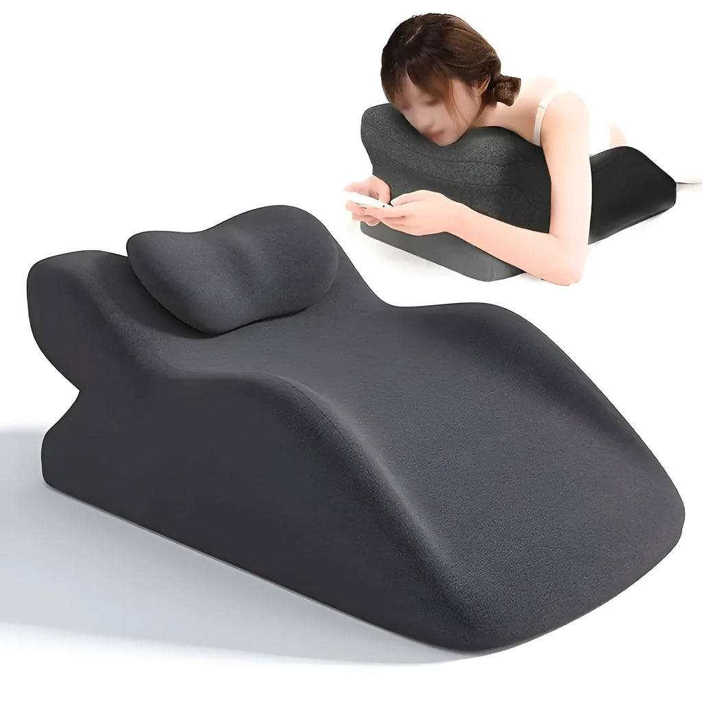 Stomach sleeper pillow in neutral colour for prone sleeping and reading in bed.