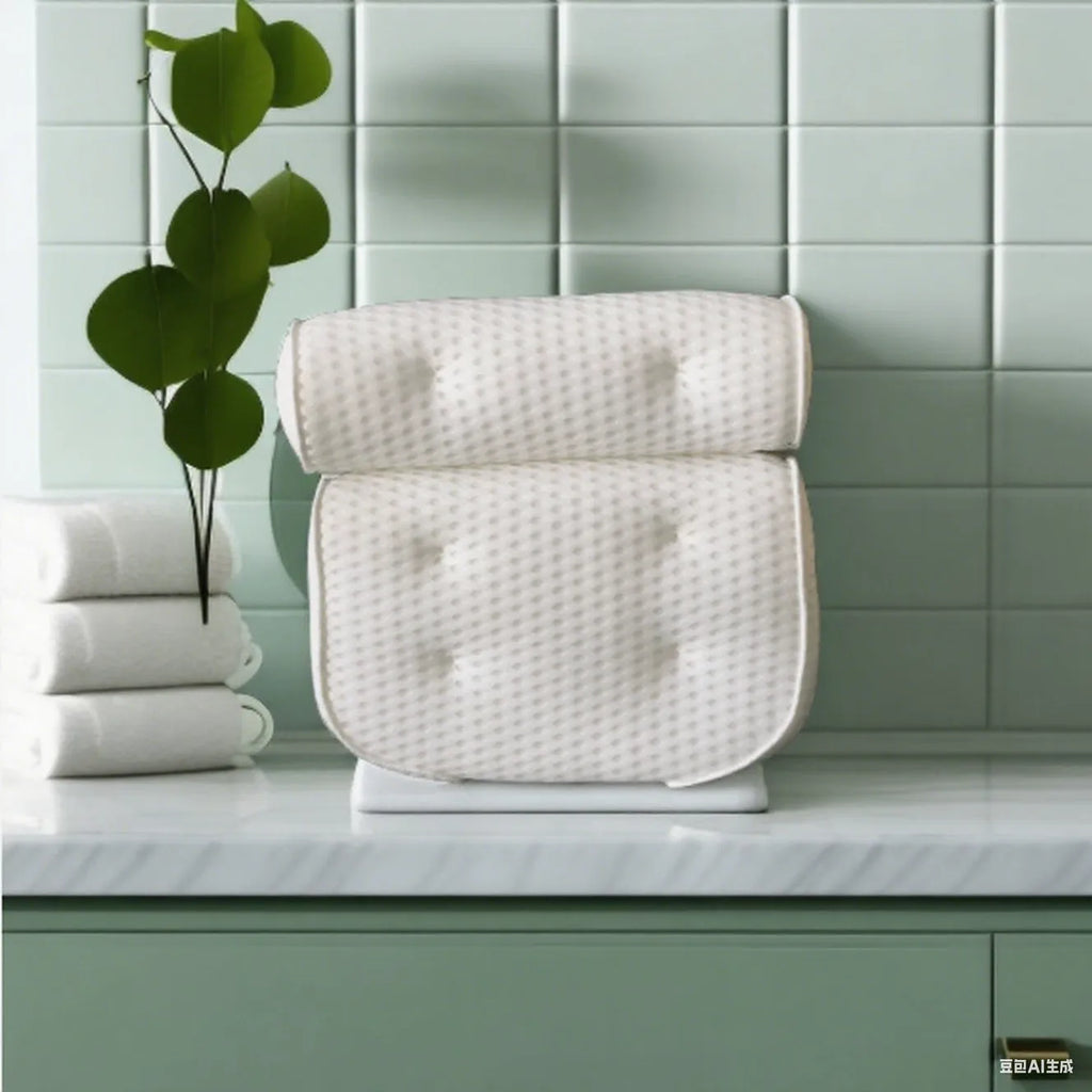 White bathtub pillow with 4D mesh material and seven suction cups showing 3D permeable construction