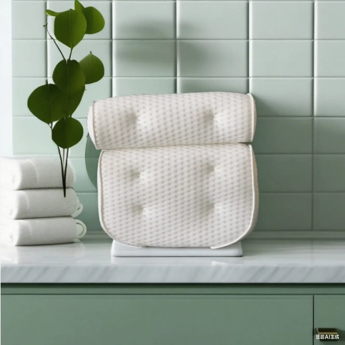 White bathtub pillow with 4D mesh material and seven suction cups showing 3D permeable construction