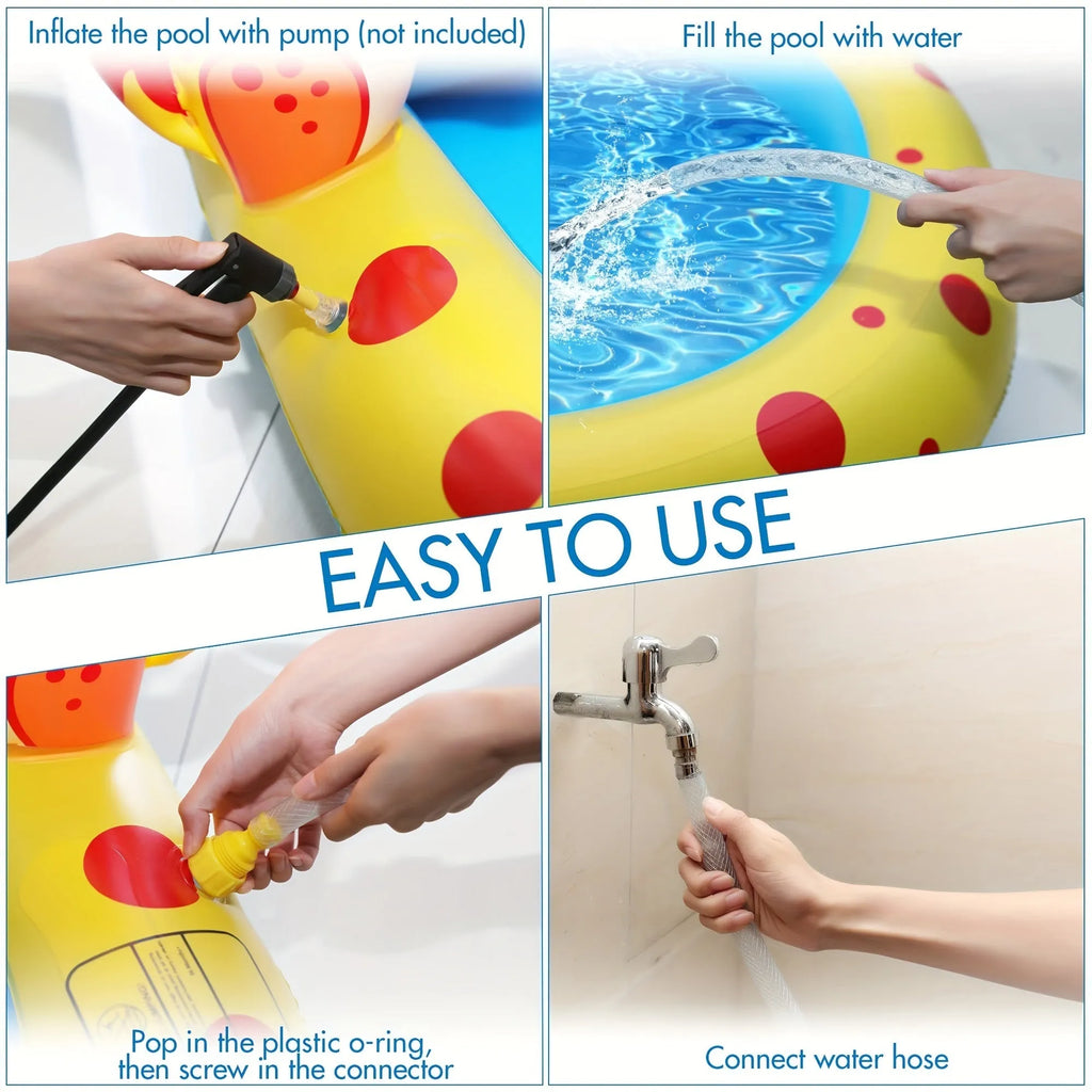 Blue inflatable dinosaur-shaped water spray pool for children in a garden
