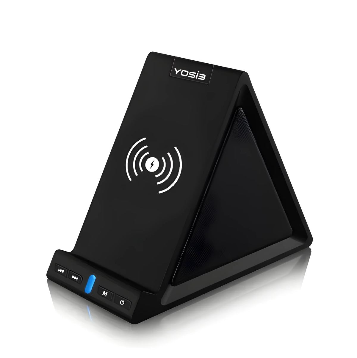 Black multifunctional mobile phone holder with built-in Bluetooth speaker and wireless charging capability