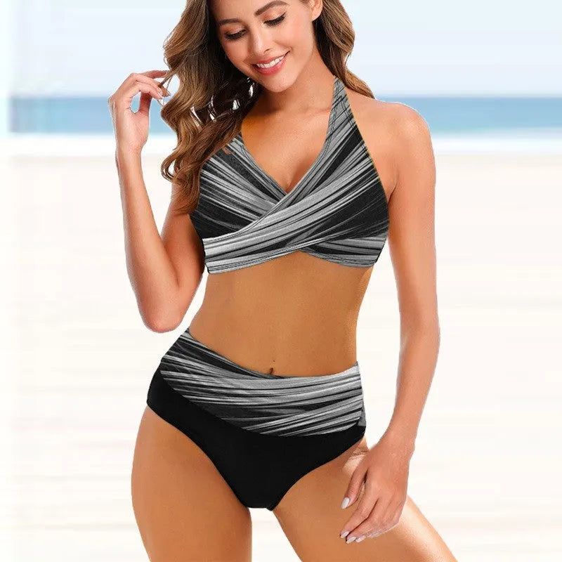 Ladies striped tie-dye bikini with hollow panel and high-waisted briefs
