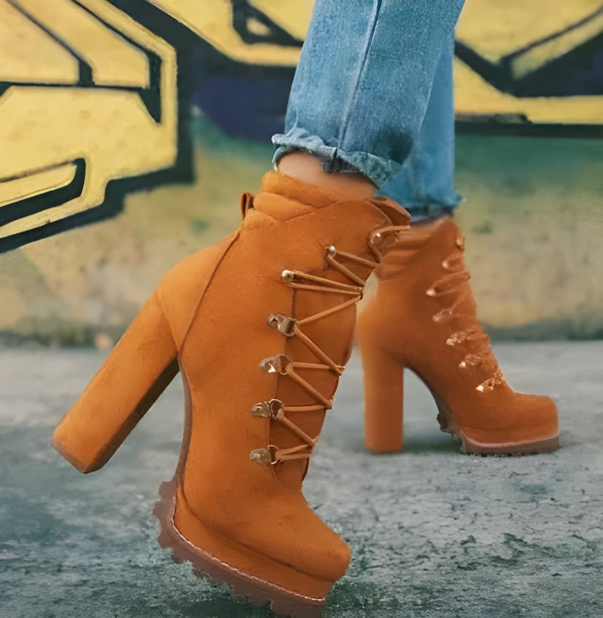 Women's suede high heel boots with 8cm block heel in army green colour with rivet buckle details