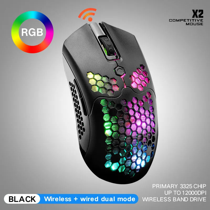 Free Wolf X2 wireless RGB gaming mouse with honeycomb shell in black, green, pink, white or yellow